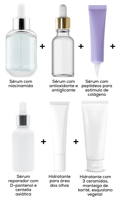 Rotina de skincare com 6 produtos de outras marcas: sérum de niacinamida, sérum antioxidante, sérum de peptídeos, sérum reparador, hidratante para área dos olhos e hidratante com ceramidas